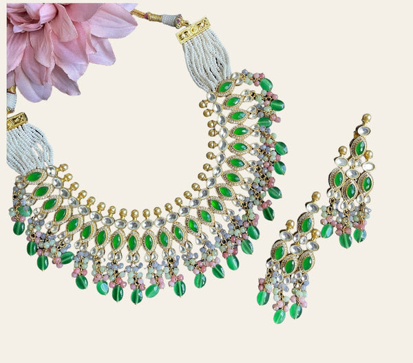 Kundan Meena Neckalce with earrings/Sabyasachi inspired choker/Indian bridal green choker/Bright and Unique necklace set/Unique Gifts for