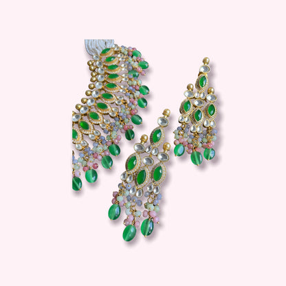 Kundan Meena Neckalce con pendientes/gargantilla inspirada en Sabyasachi/gargantilla verde nupcial india/conjunto de collares brillantes y únicos/regalos únicos para