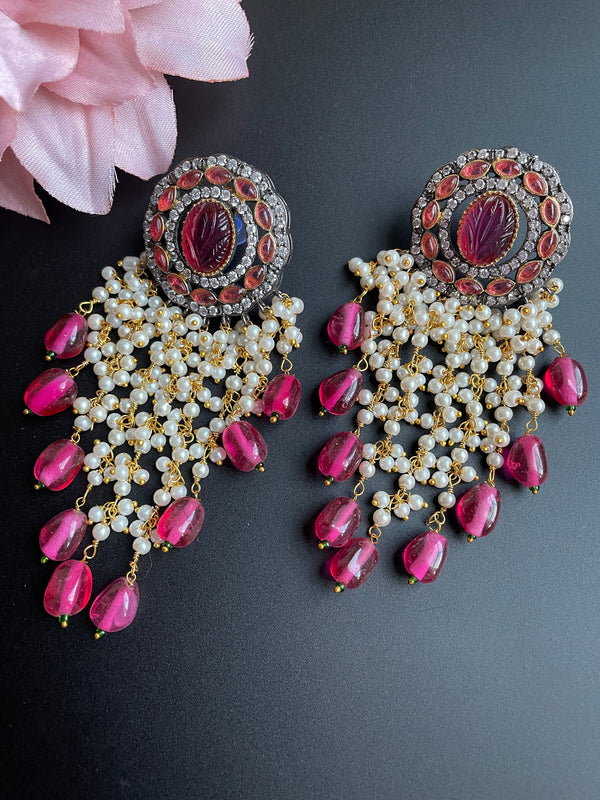 Pendiente de declaración larga rosa/pendiente de diamantes Kundan CZ con cuentas/jhumka azul indio/pendientes modernos pastel neutros/pendiente Boho vintage