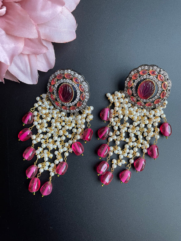 Pink Long Statement earring/Beaded Kundan CZ Diamond earring/Indian blue jhumka/neutral pastel modern earrings/Vintage Boho Earring