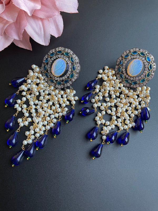 Pendiente de declaración larga rosa/pendiente de diamantes Kundan CZ con cuentas/jhumka azul indio/pendientes modernos pastel neutros/pendiente Boho vintage