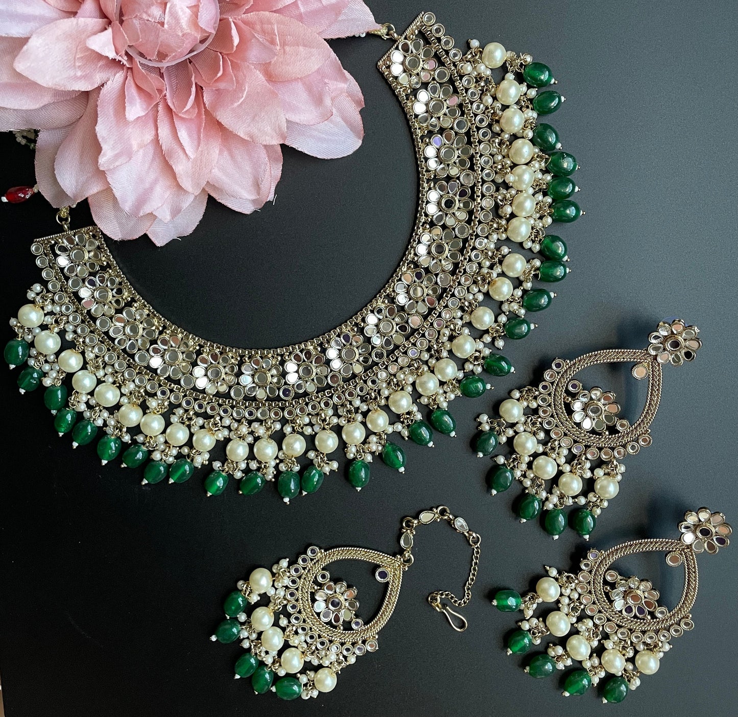 Conjunto de gargantilla de espejo indio/conjunto de espejo de plata verde/joyería sangeet/gargantilla india rosa/gargantilla shisha/joyería mehendi nupcial/collar Sabyasachi