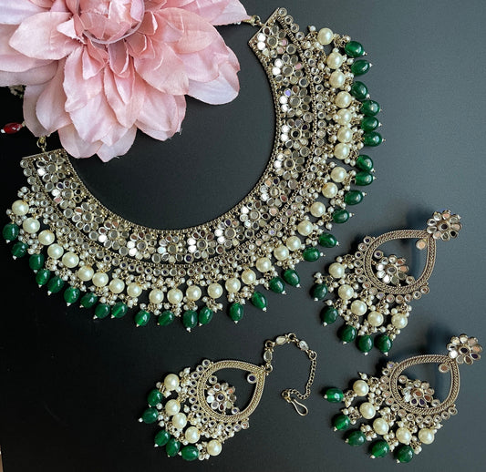 Conjunto de gargantilla de espejo indio/conjunto de espejo de plata verde/joyería sangeet/gargantilla india rosa/gargantilla shisha/joyería mehendi nupcial/collar Sabyasachi  MerakeJewelry