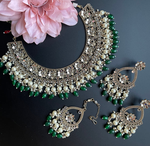 Conjunto de gargantilla de espejo indio/conjunto de espejo de plata verde/joyería sangeet/gargantilla india rosa/gargantilla shisha/joyería mehendi nupcial/collar Sabyasachi