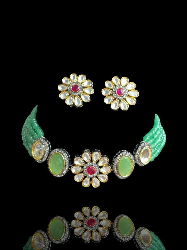 indian pink green choker/Indian modern necklace with stud/Bollywood jewelry/bright festive choker/floral earrings/choker with stud/green set