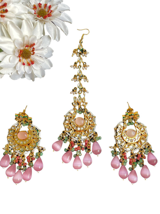 Indian Tikka and long jhumka set/Thapa kundan tikka/maang tikka and matching earrings/Pakistani bridal earrings/kundan gold tikka set  MerakeJewelry