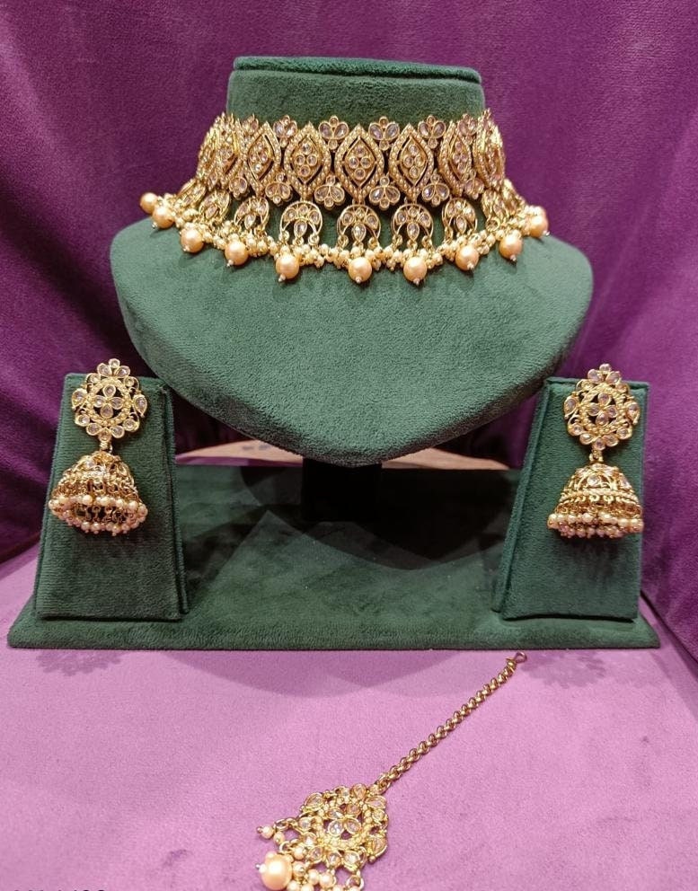 Indian polki blue bridal set/Pink Indian pearls choker/Sabyasachi necklace/antique indian choker for bride/simple lightweight bridal set