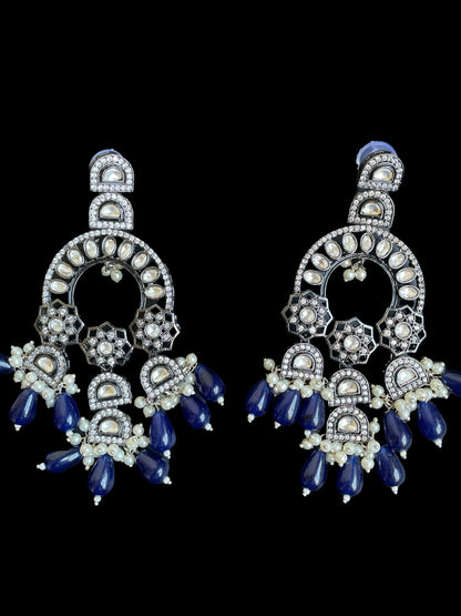 Sabyasachi blue long necklace/black silver long necklace/Kundan Jewellery/Punjabi Bridal Set/Blue Indian Jewelry/Polki Necklace with jhumka