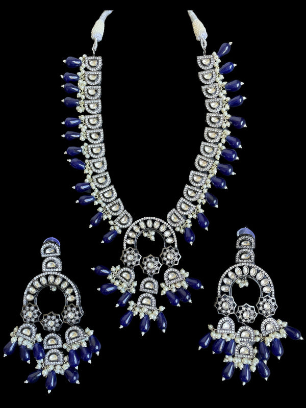 Collar largo azul Sabyasachi/collar largo de plata negra/Joyería Kundan/Conjunto nupcial Punjabi/Joyería india azul/Collar Polki con jhumka