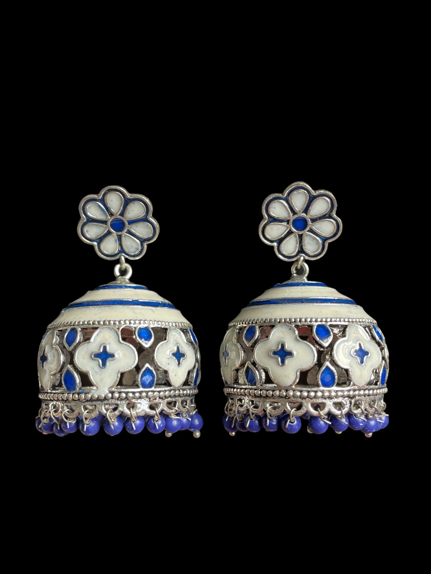 indian jhumka earrings/blue white earrings/small greece earrings/gifts for her/vacation earrings/santorini inspired earrings/small jhumka