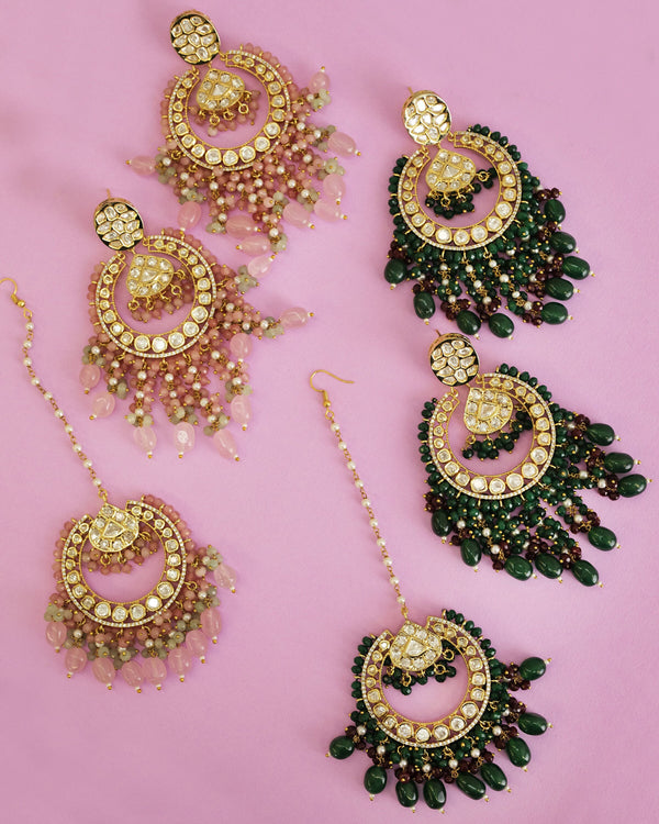 Tikka and jhumka set/kundan earrings and maangtikka/Indian wedding earring/Pink green earrings/Statement jewelry for event/Bridal jhumka set