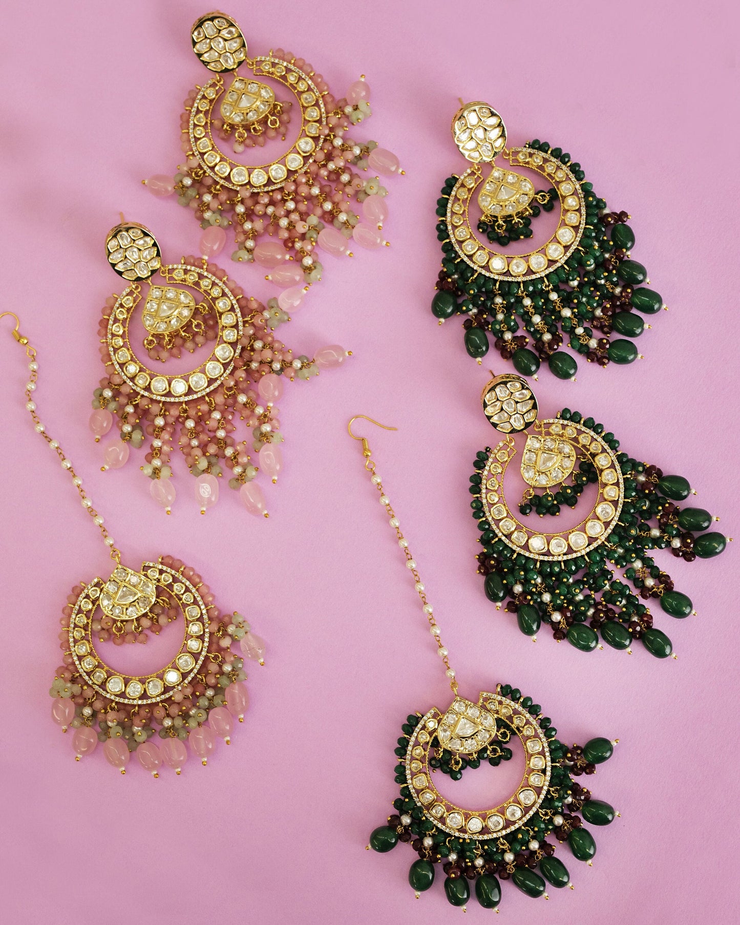 Conjunto Tikka y jhumka/pendientes kundan y maangtikka/pendiente de boda india/pendientes verdes rosas/joyas de declaración para evento/conjunto jhumka nupcial