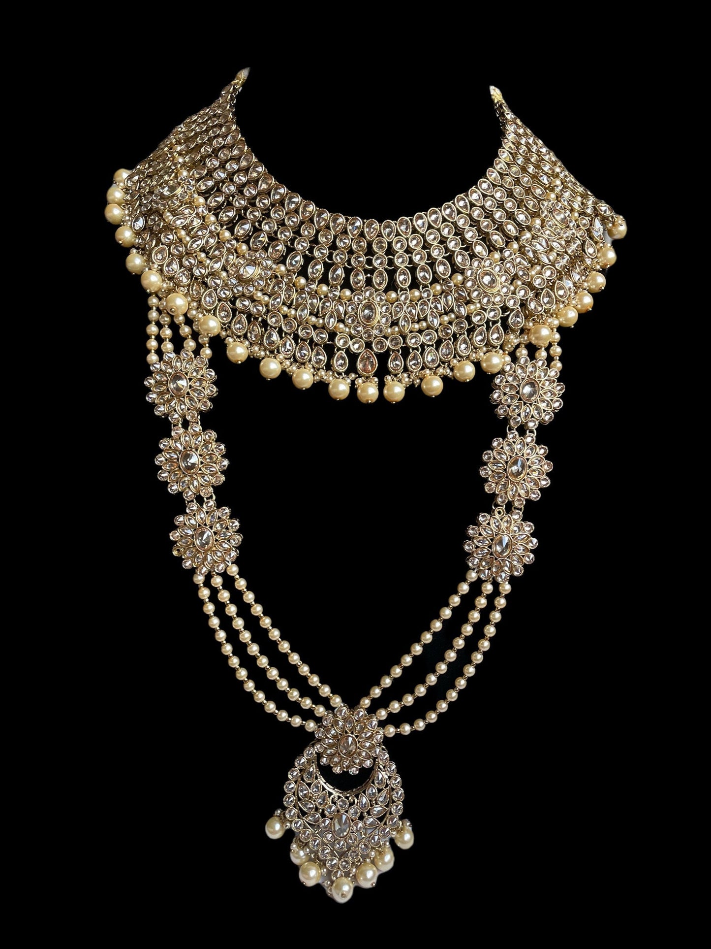 Indian bridal set/antique gold kundan Set/Nikkah jewelry/Indian choker with long necklace/Polki Choker/Sabyasachi necklace with nosering