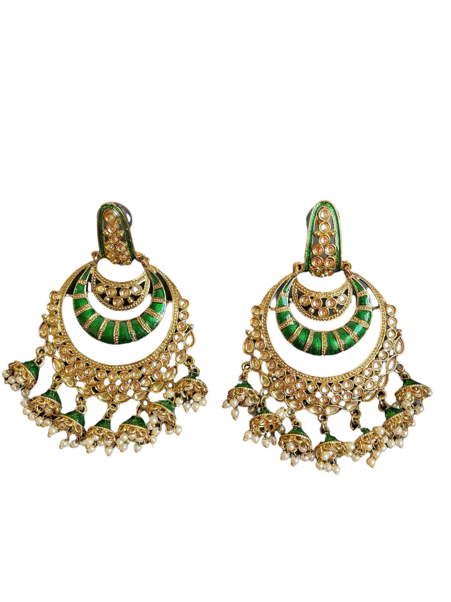 indian jhumka earrings/green pink chandbali/small lightweight indian earrings/gifts for her/kundan gold earrings/traditional indian earrings