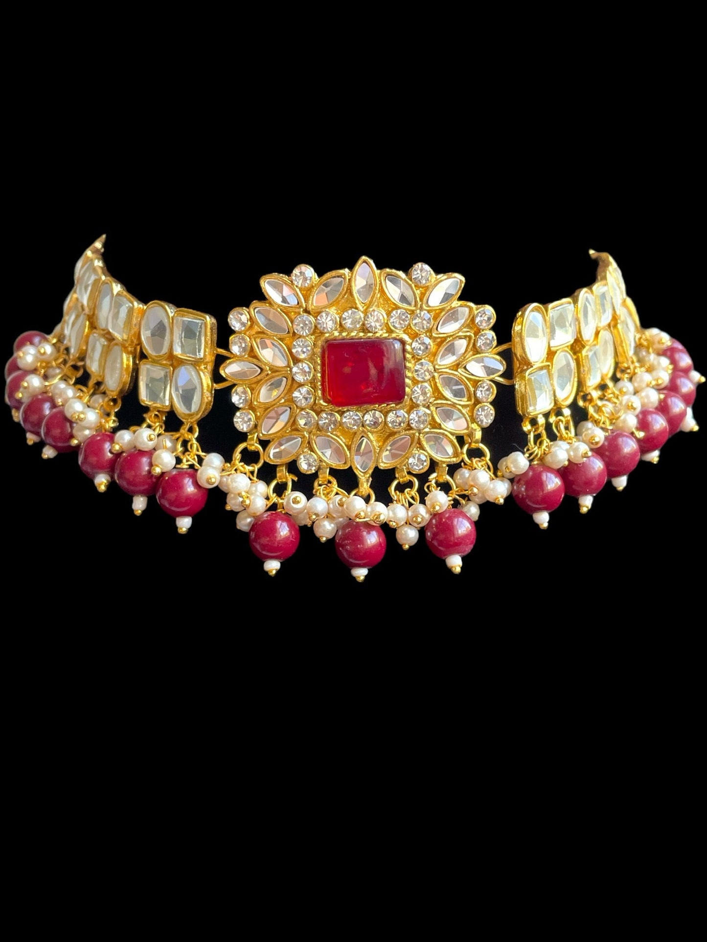 Gargantilla de boda india de oro y rojo/joyería india Sabyasachi/conjunto de collar Kundan/gargantilla shisha espejo/collar de boda paquistaní/conjunto nupcial