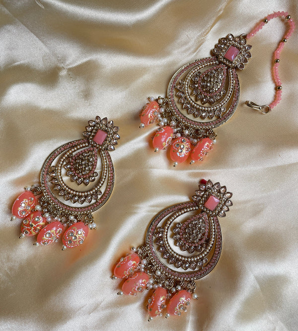 Maangtika set/Punjabi tikka and earrings/Jhumka Tikka/long indian earrings/Pink Indian earrings/Jaipur earrings/Polki tikka/Meenakari jhumka