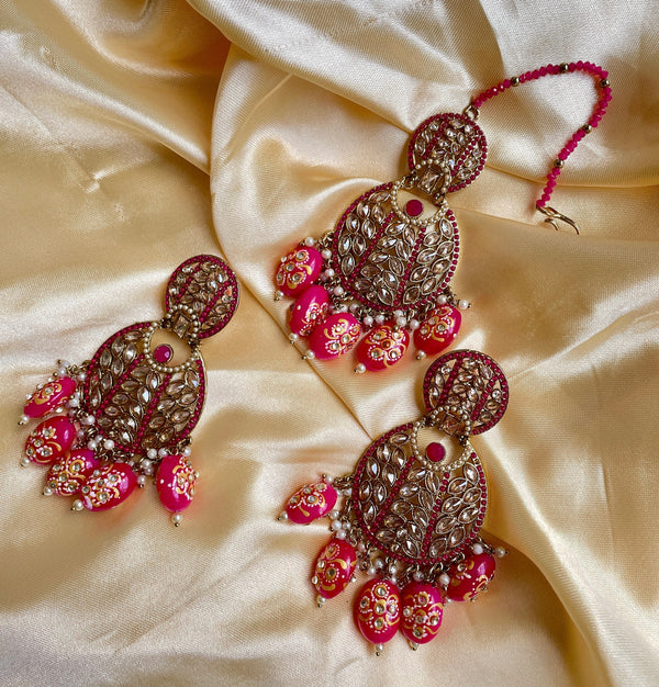 Maangtika set/Punjabi tikka and earrings/Jhumka Tikka/long indian earrings/Pink Indian earrings/Jaipur earrings/Polki tikka/Meenakari jhumka