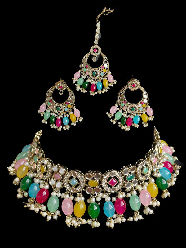 Conjunto de espejo nupcial indio/shesha kundan Set/joyería sangeet con tikka/gargantilla/collar indio rosa con collar jhumka tikka/Sabyasachi