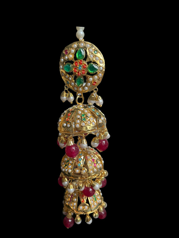 jadau tikka and earrings set/punjabi tikka and jhumka/indian wedding earrings/gold multi color earrings with maang tikka/pakistani wedding