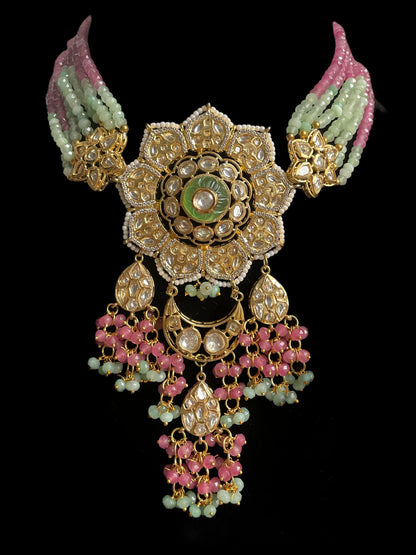Rajasthani Jewelry/moissanite flower Necklace/Indian Bollywood Jewelry/pink wedding necklace/Mehendi Jewelry/Unique gold kundan choker set