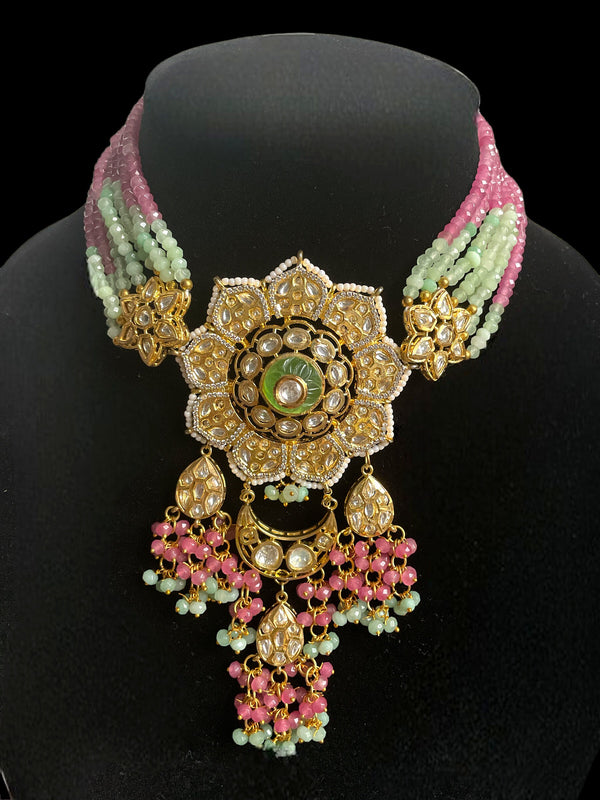 Rajasthani Jewelry/moissanite flower Necklace/Indian Bollywood Jewelry/pink wedding necklace/Mehendi Jewelry/Unique gold kundan choker set
