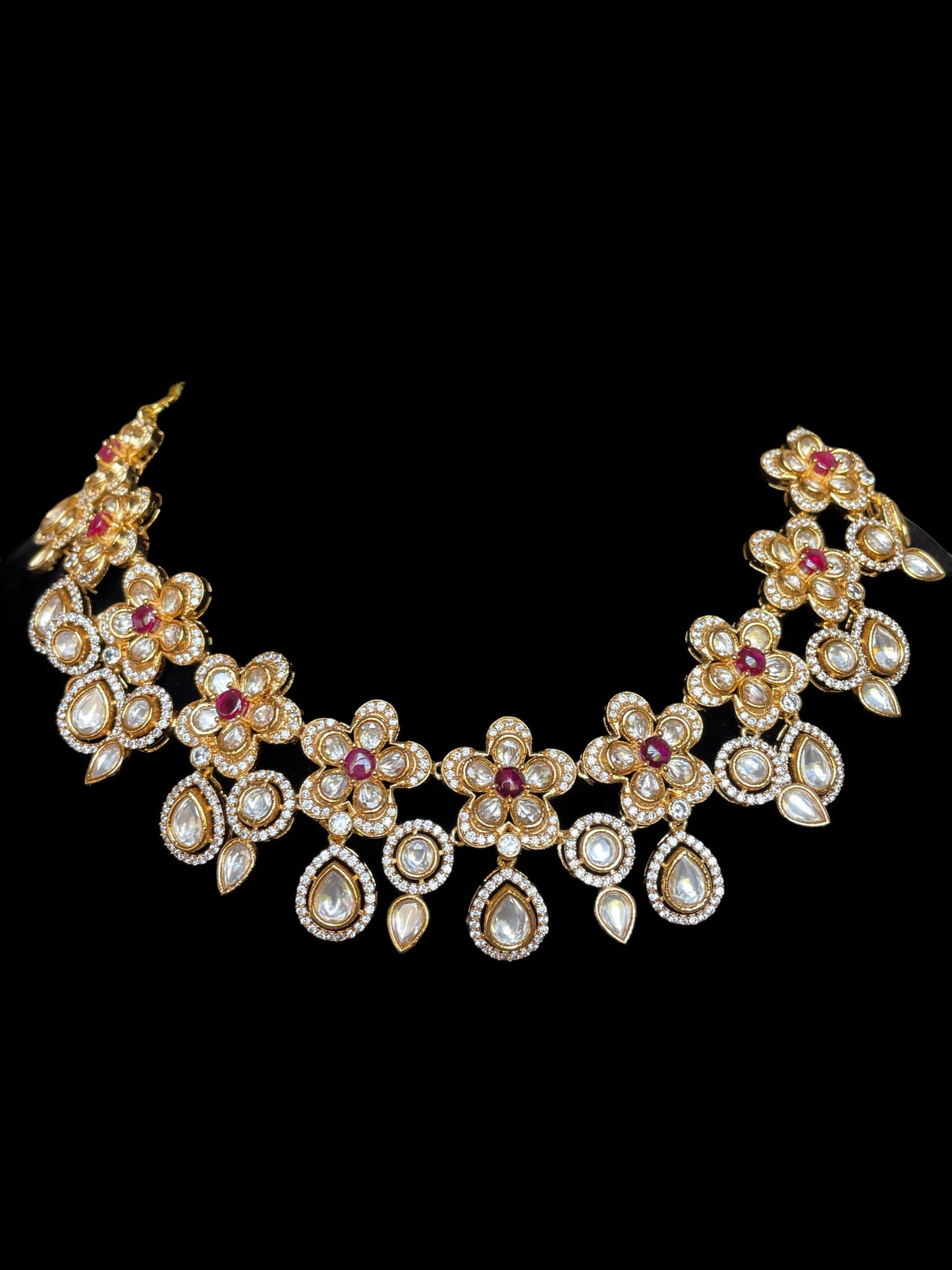 Indian bridal set/gold kundan Set/simple festive ruby choker/Pink Indian/Polki gold red Choker/Gold flower choker jhumka/Sabyasachi necklace