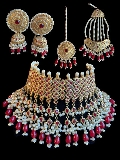 Joyería de oro rojo nupcial india, gargantilla nikkah de oro, joyería de boda paquistaní, conjunto nupcial de gargantilla verde dorado, conjunto nupcial con tikka jhumka jhumar