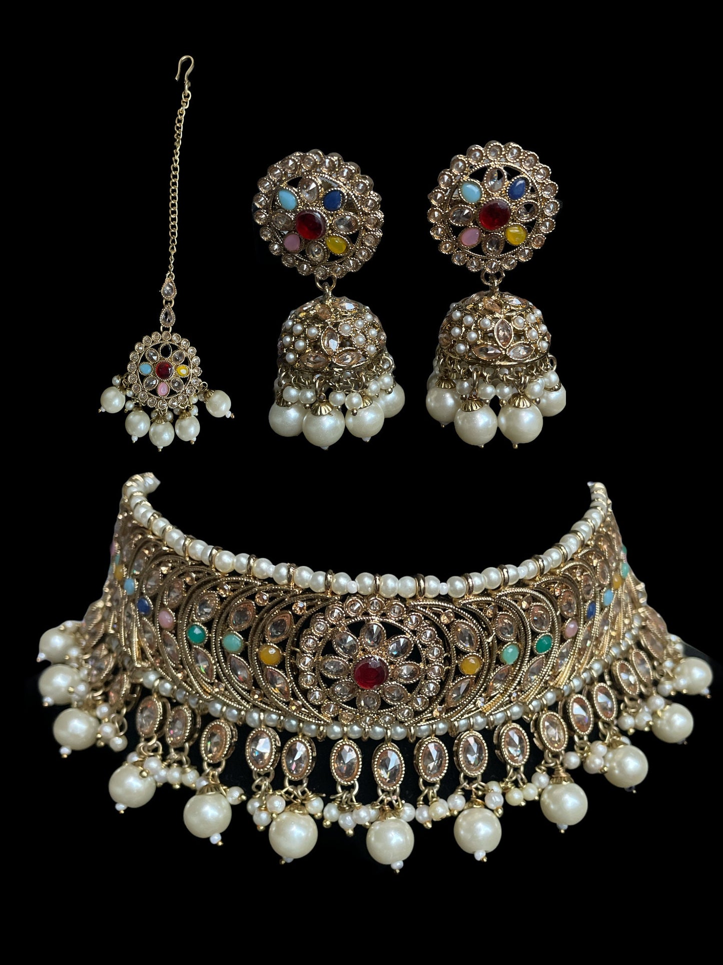 Indian Full Bridal set/Indian Wedding Kundan Choker multi/Polki white Necklace/Pakistani Wedding Jewelry with tikka/Punjabi Wedding Choker