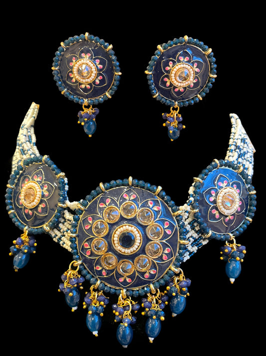 Gargantilla Meenakari con pendientes/Collar nupcial Kundan/Joyería Bollywood/Collar azul paquistaní/Gargantilla perla y Meena rojo y azul/Simple  MerakeJewelry
