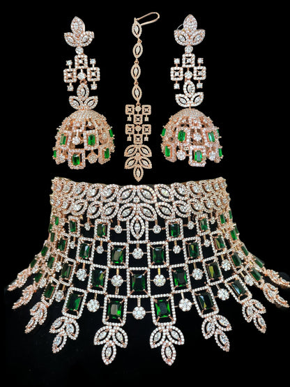 Gargantilla india de diamantes de plata/gargantilla de diamantes de oro rosa tikka jhumka/joyería de recepción india/gargantilla de diamantes esmeralda/joyas festivas navideñas