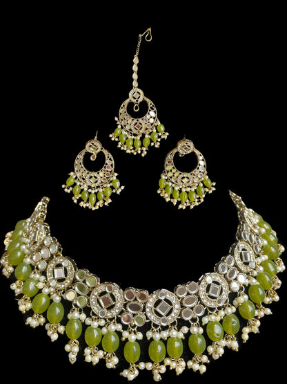 Indian bridal mirror set/shesha kundan Set/sangeet jewelry with tikka/Pink Indian choker/necklace with jhumka tikka/Sabyasachi necklace
