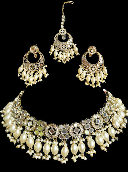Indian bridal mirror set/shesha kundan Set/sangeet jewelry with tikka/Pink Indian choker/necklace with jhumka tikka/Sabyasachi necklace