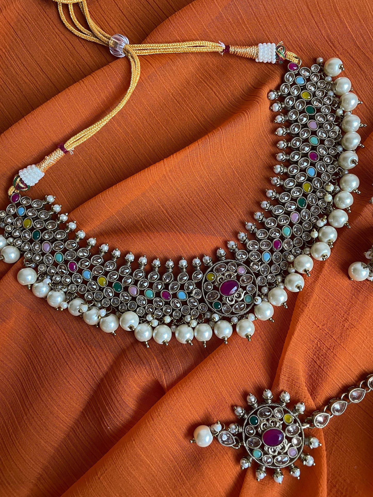 Indian Bridal multi polki jewelry,nikkah choker,pakistani wedding jewelry,multi color Set,Bridal Set with tikka jhumka/light kundan choker