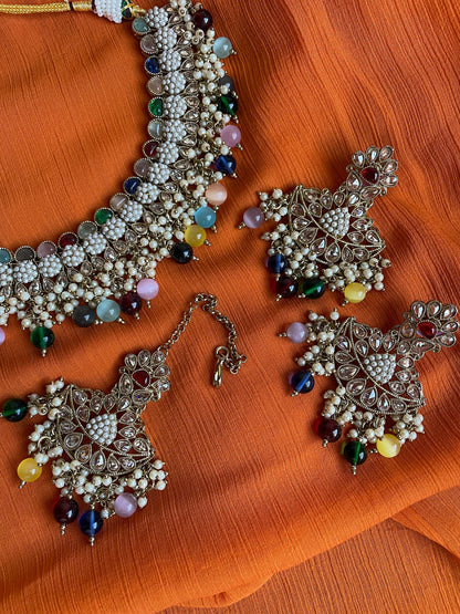 Indian polki set/multi color choker Set with tikka/Nikkah jewelry/Pink Indian choker/Indian green Jewelry/kundan choker/Sabyasachi necklace