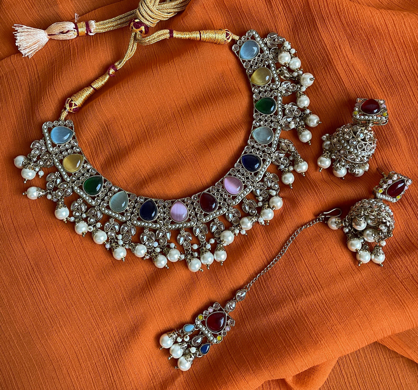 Conjunto nupcial indio/gargantilla multicolor Set/joyería Nikkah/gargantilla india rosa/collar sangeet de boda/conjunto paquistaní/gargantilla nupcial con tikka