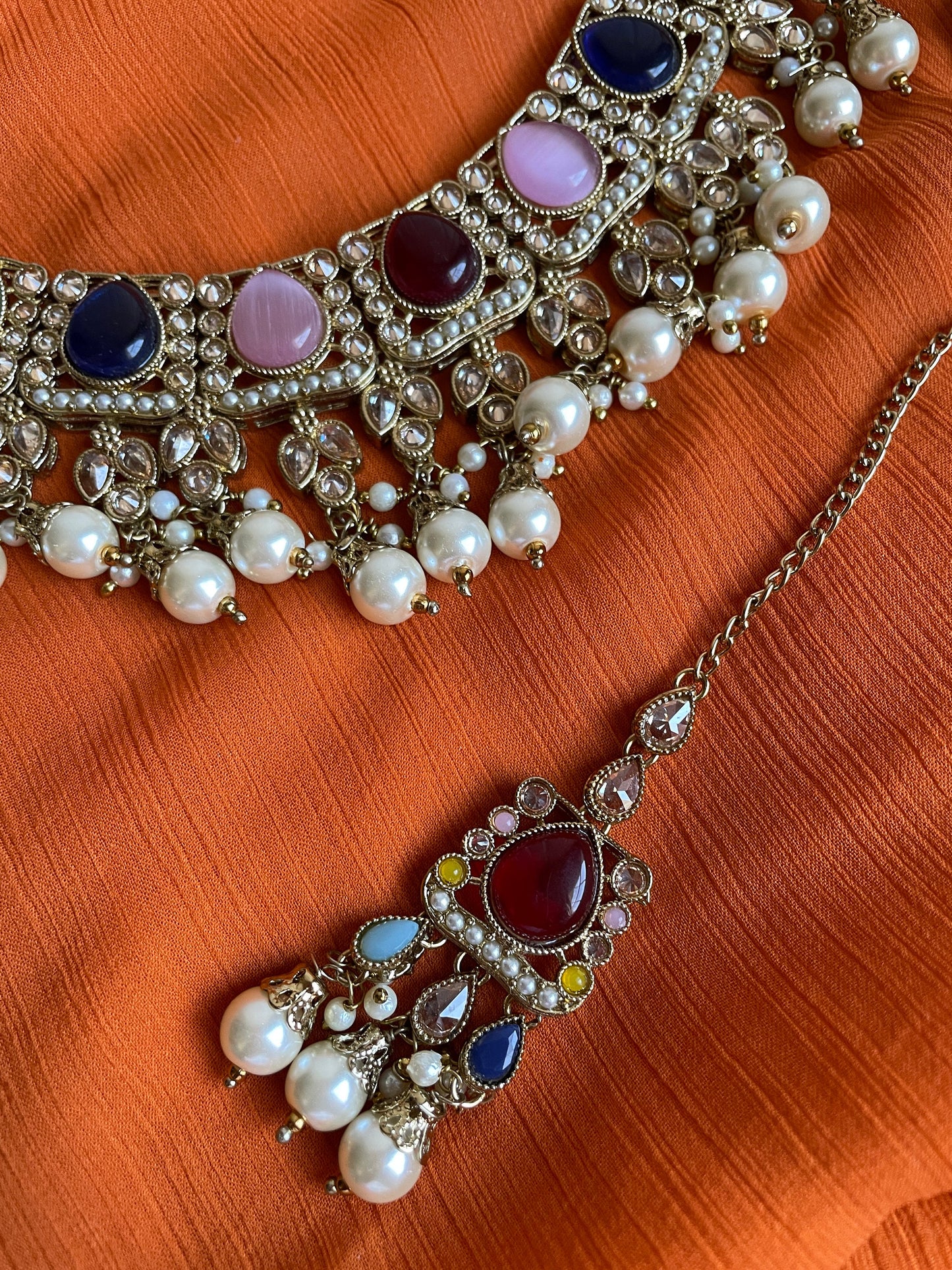 Conjunto nupcial indio/gargantilla multicolor Set/joyería Nikkah/gargantilla india rosa/collar sangeet de boda/conjunto paquistaní/gargantilla nupcial con tikka