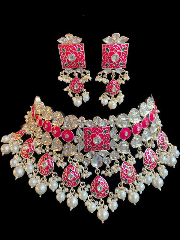 gargantilla meenakari jhumka, joyería nupcial india, gargantilla nikkah brillante, joyería de boda paquistaní, gargantilla rosa polki, conjunto nupcial con pendientes