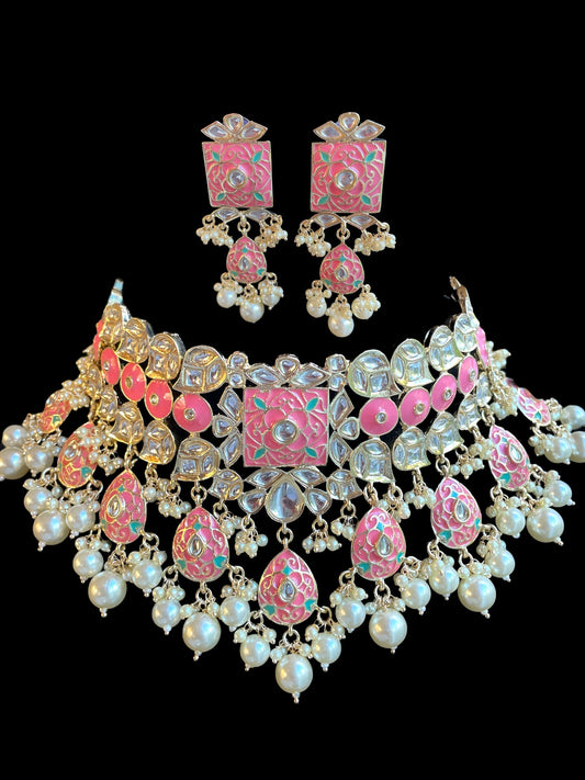 gargantilla meenakari jhumka, joyería nupcial india, gargantilla nikkah brillante, joyería de boda paquistaní, gargantilla rosa polki, conjunto nupcial con pendientes  MerakeJewelry