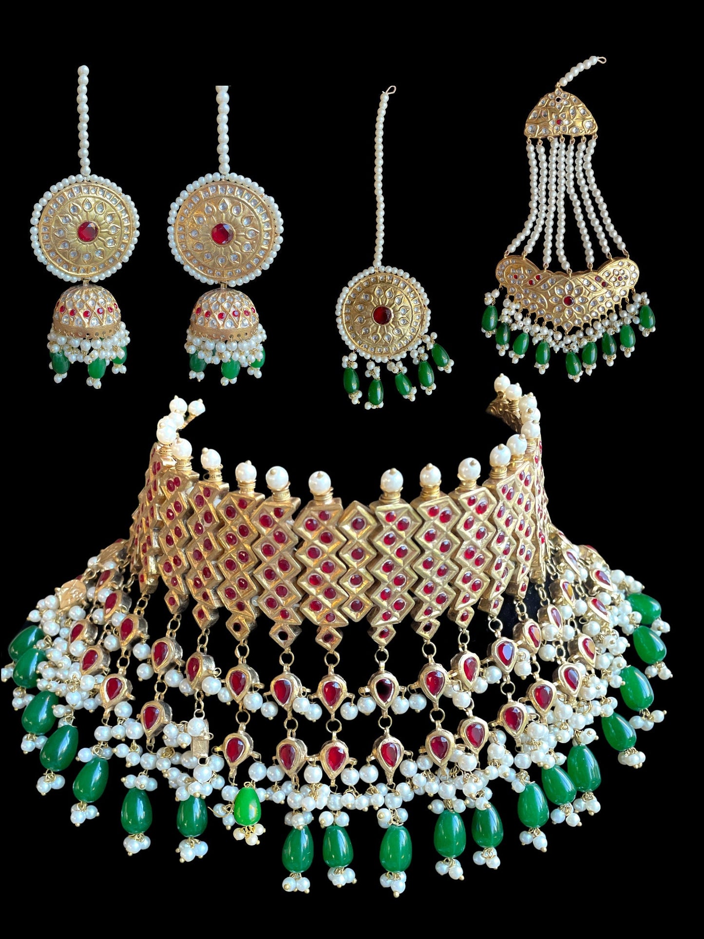 Joyería de oro rojo nupcial india, gargantilla nikkah de oro, joyería de boda paquistaní, conjunto nupcial de gargantilla verde dorado, conjunto nupcial con tikka jhumka jhumar