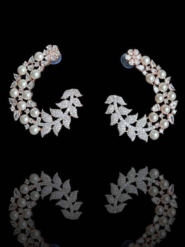 pearl earrings stud silver/Rose gold studs/lightweight statement earrings silver white/modern unique pearl half hoop/diamond cz pearl jhumka