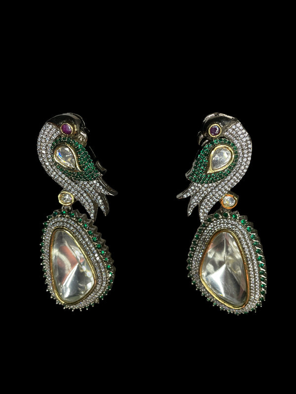 uncut polki earrings/Long silver diamond jhumka/american diamond earring/cz emerald earring/sabyasachi tyaani modern earring/wedding white