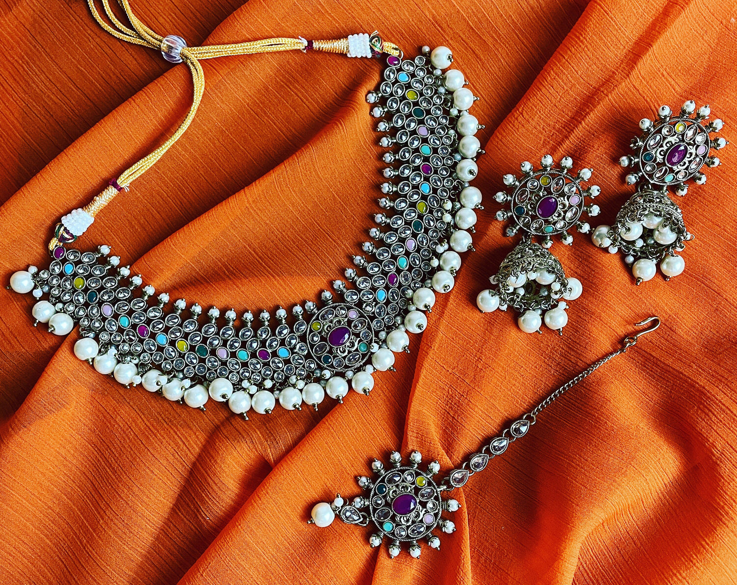 Indian Bridal multi polki jewelry,nikkah choker,pakistani wedding jewelry,multi color Set,Bridal Set with tikka jhumka/light kundan choker