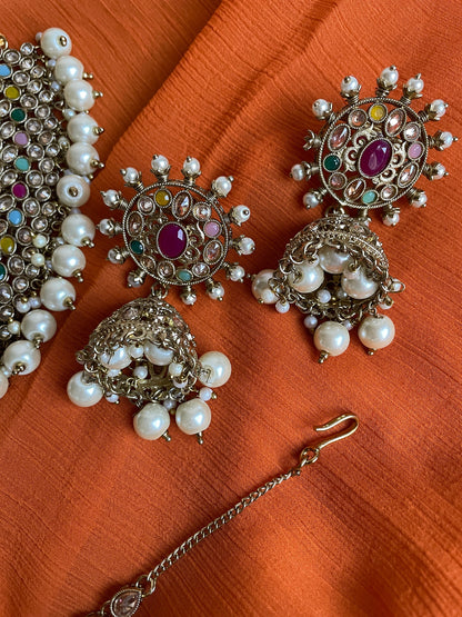 Joyería india nupcial multi polki, gargantilla nikkah, joyería de boda paquistaní, conjunto multicolor, conjunto nupcial con tikka jhumka/gargantilla kundan ligera