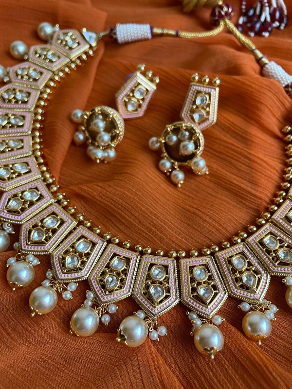 Pink green white Indian Choker simple, bridesmaid Indian jewelry,pakistani wedding jewelry,polki gold choker,Bridal Set with tikka jhumka
