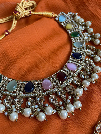 Indian bridal set/multi color choker Set/Nikkah jewelry/Pink Indian choker/wedding sangeet necklace/Pakistani set/bridal choker with tikka