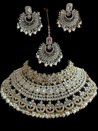 Indian white pearl Bridal jewelry,nikkah choker with tikka,pakistani wedding jewelry,white gold bridal choker,polki pastel choker