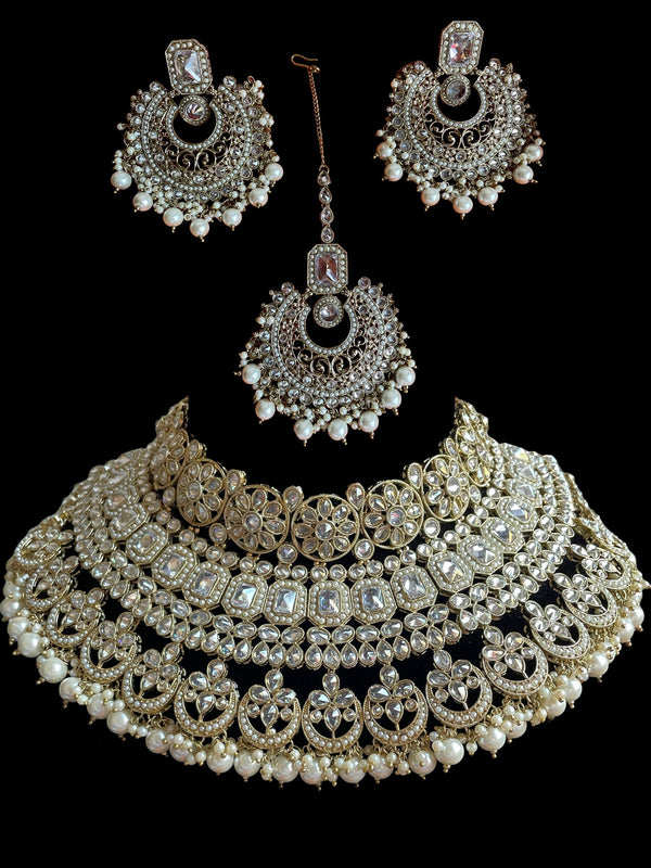 Indian white pearl Bridal jewelry,nikkah choker with tikka,pakistani wedding jewelry,white gold bridal choker,polki pastel choker