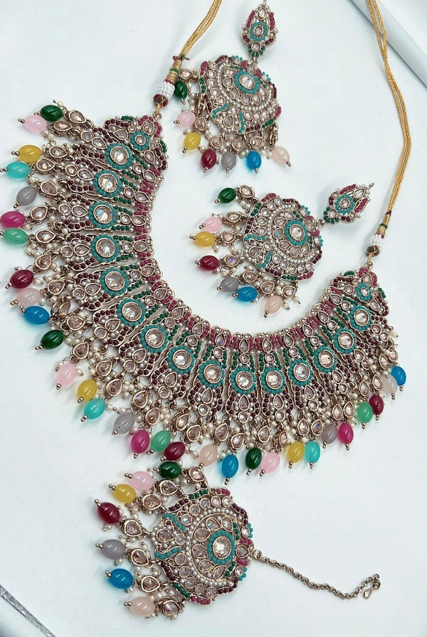 multi color wedding polki choker with tikka/pink pastel shaadi sangeet necklace/lightweight green pakistani bridal jewelry/bridesmaid jhumka