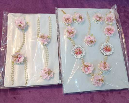 Silk Pink and White Flower Bridal Set  MerakeJewelry
