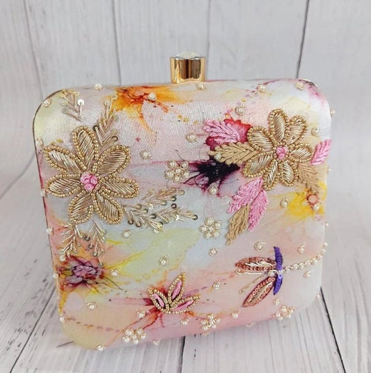 Floral White Pastel Gold Evening Clutch  MerakeJewelry